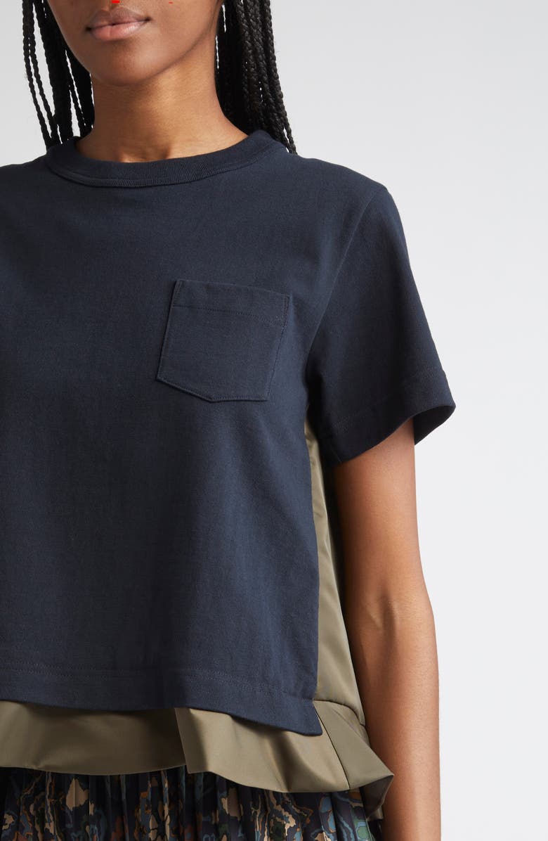 Sacai Mixed Media Nylon Twill & Cotton Jersey Pocket T-Shirt, Alternate, color, Navy/ Dark Khaki