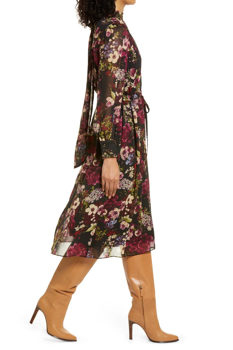 Floral Long Sleeve A-Line Dress, Alternate, color, BLACK MULTI