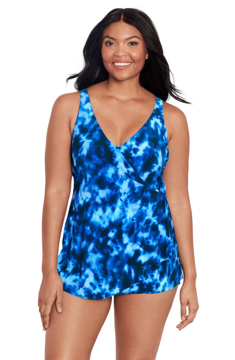 Trimshaper Lola Surplice V-Neck Swimdress, Main, color, Rinca Rain