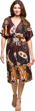 24seven Comfort Apparel Short Sleeve Knot Front Midi Dress in Paisley Print