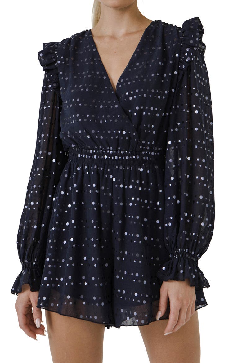 Dot Print Long Sleeve Chiffon Romper, Alternate, color, NAVY