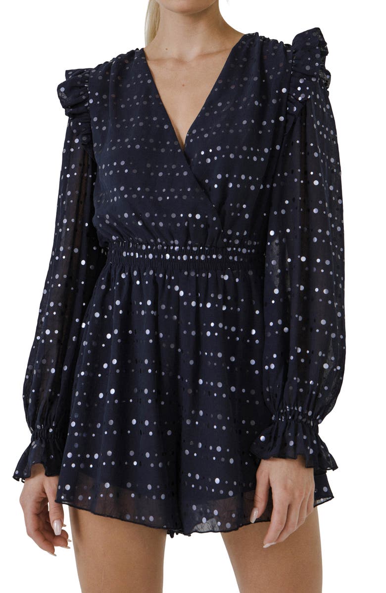 Endless Rose Dot Print Long Sleeve Chiffon Romper, Alternate, color, Navy