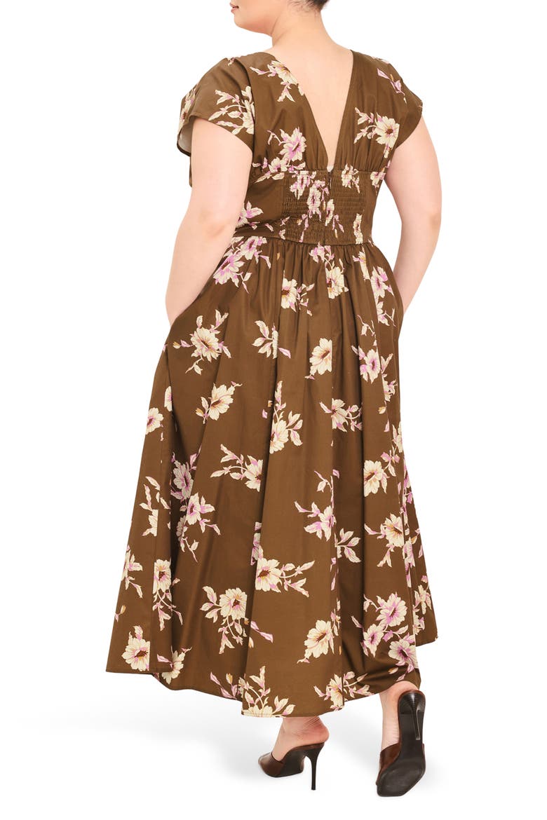 Floral V-Neck Midi Dress, Alternate, color, BROWN FLORAL
