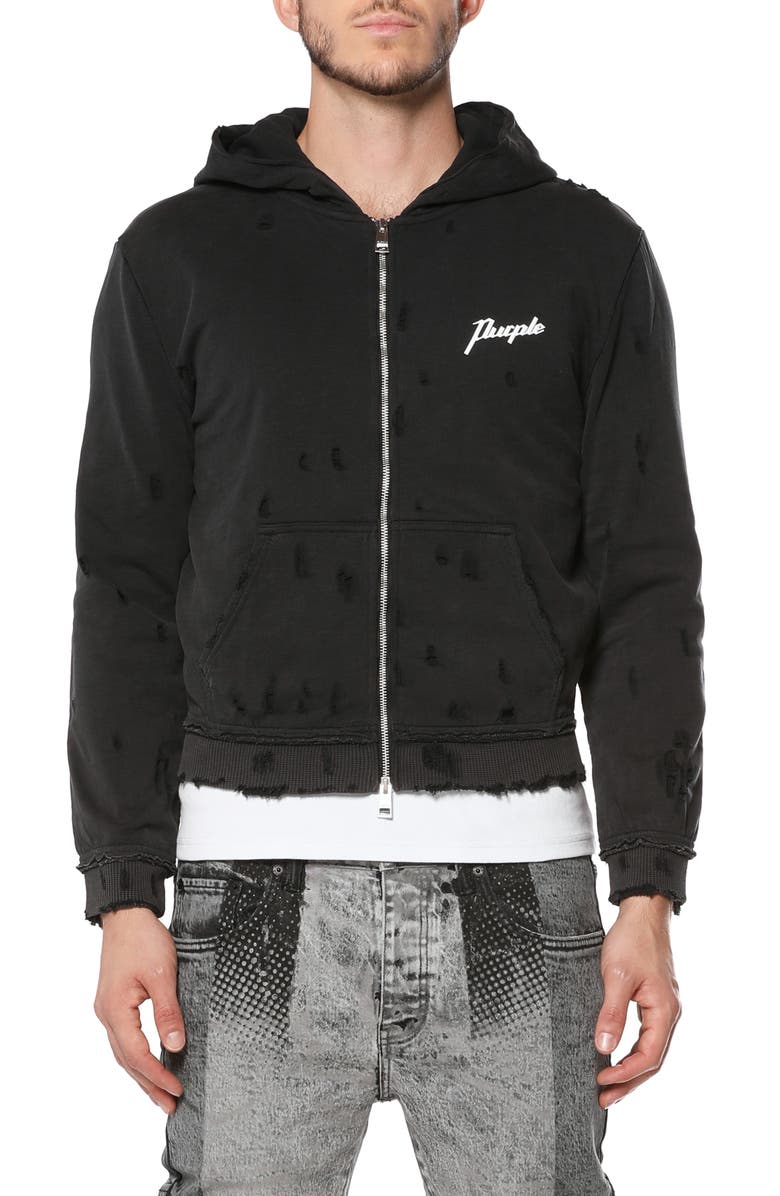 PURPLE BRAND Midweight Slub Shrunken Graphic Zip Hoodie, Main, color, Black