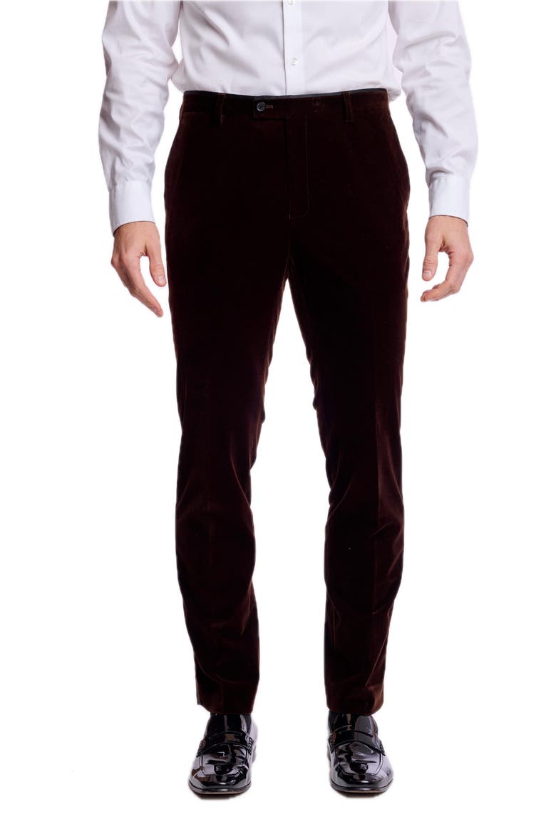 Sloane Mid Rise Slim Fit Velvet Tuxedo Pants, Main, color, BROWN VELVET