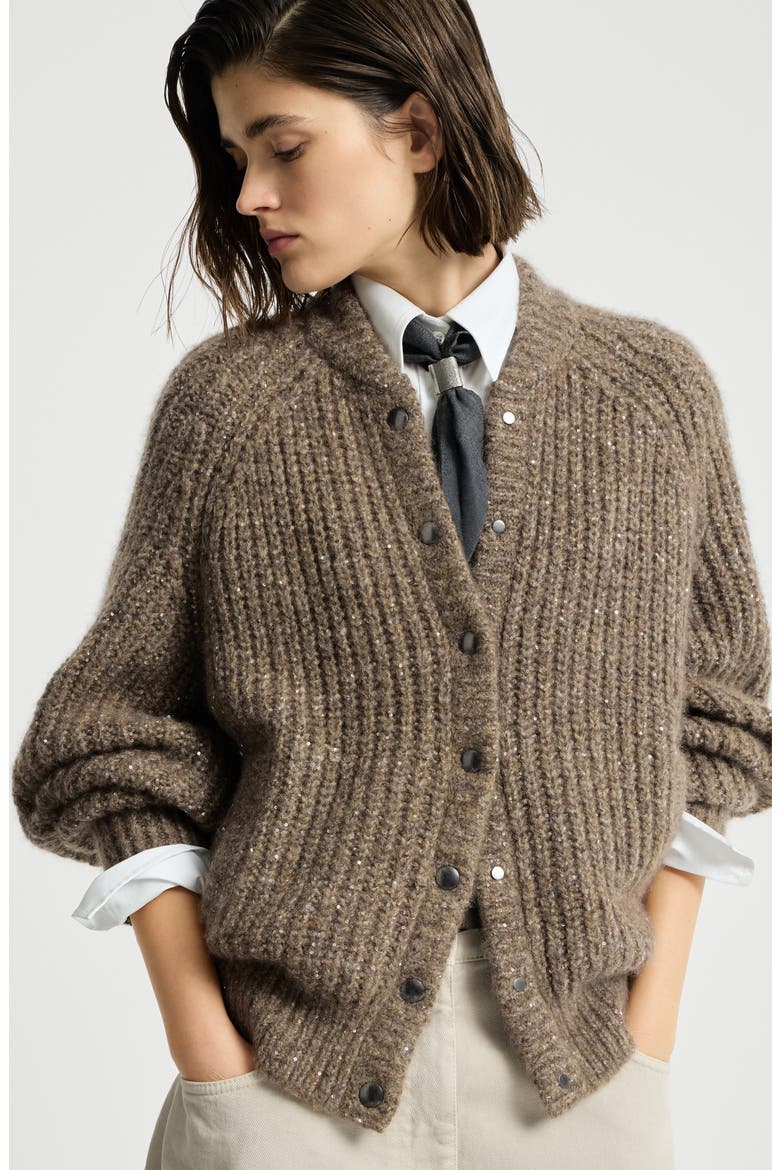 Dazzling Cashmere And Silk English Rib Cardigan, Alternate, color, Brown