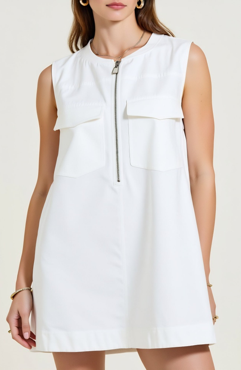 Modenaire Sleeveless Ring-Pull Zip-Front Patch-Pocket Mini Dress, Alternate, color, White