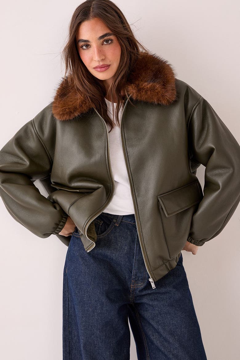 Faux Fur Collar Bomber Jacket, Alternate, color, Khaki