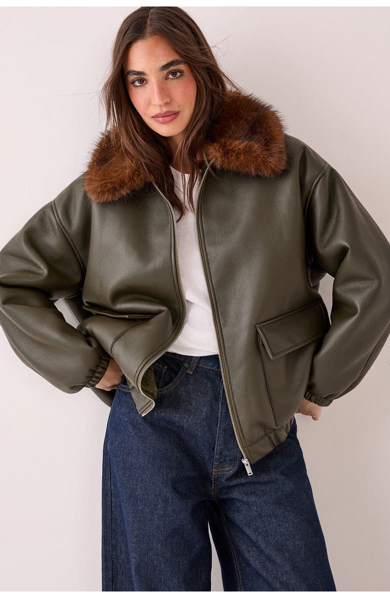 NASTY GAL Faux Fur Collar Bomber Jacket, Alternate, color, Khaki