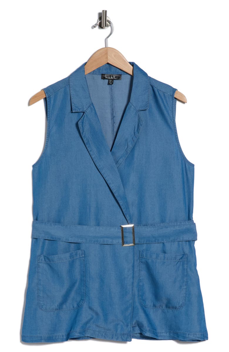 Nicole Miller Belted Denim Vest, Main, color, Medium Wash
