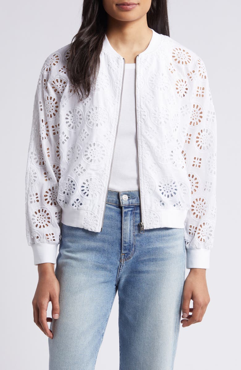 Caslon<sup>®</sup> Cotton Eyelet Bomber Jacket, Main, color, 