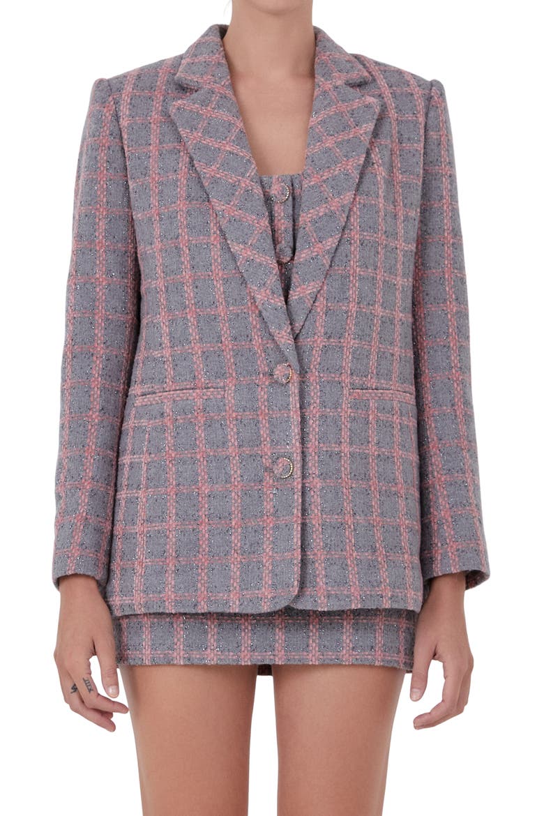 Plaid Tweed Blazer, Alternate, color, GREY