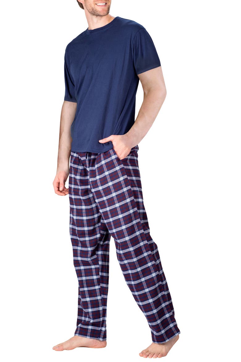 Knit Brushed Grid Flannel Pajamas, Alternate, color, NAVY PLAID