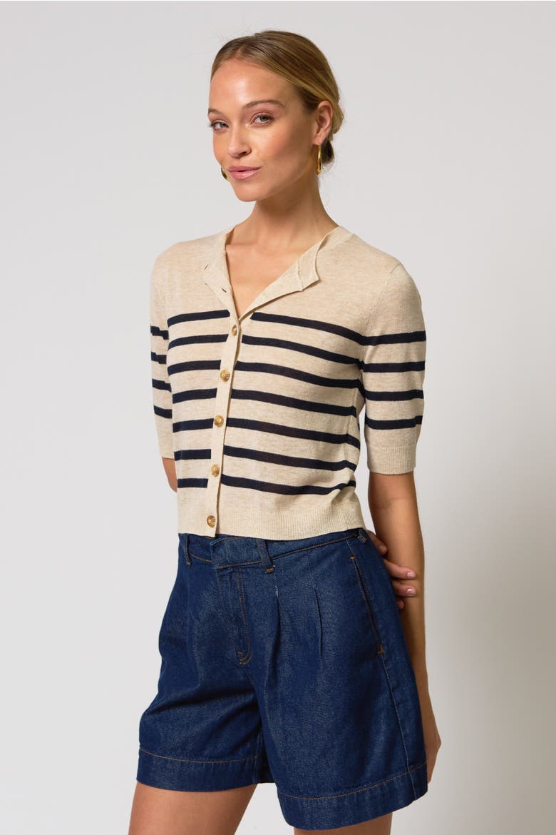 Marlon Striped Sheer Cardigan, Alternate, color, Oat/Chocolate