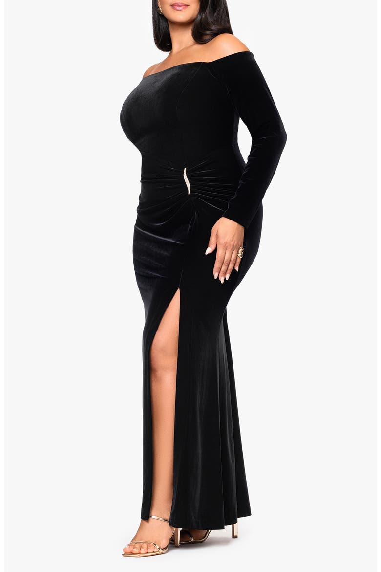Off the Shoulder Long Sleeve Stretch Velvet Mermaid Gown, Alternate, color, BLACK