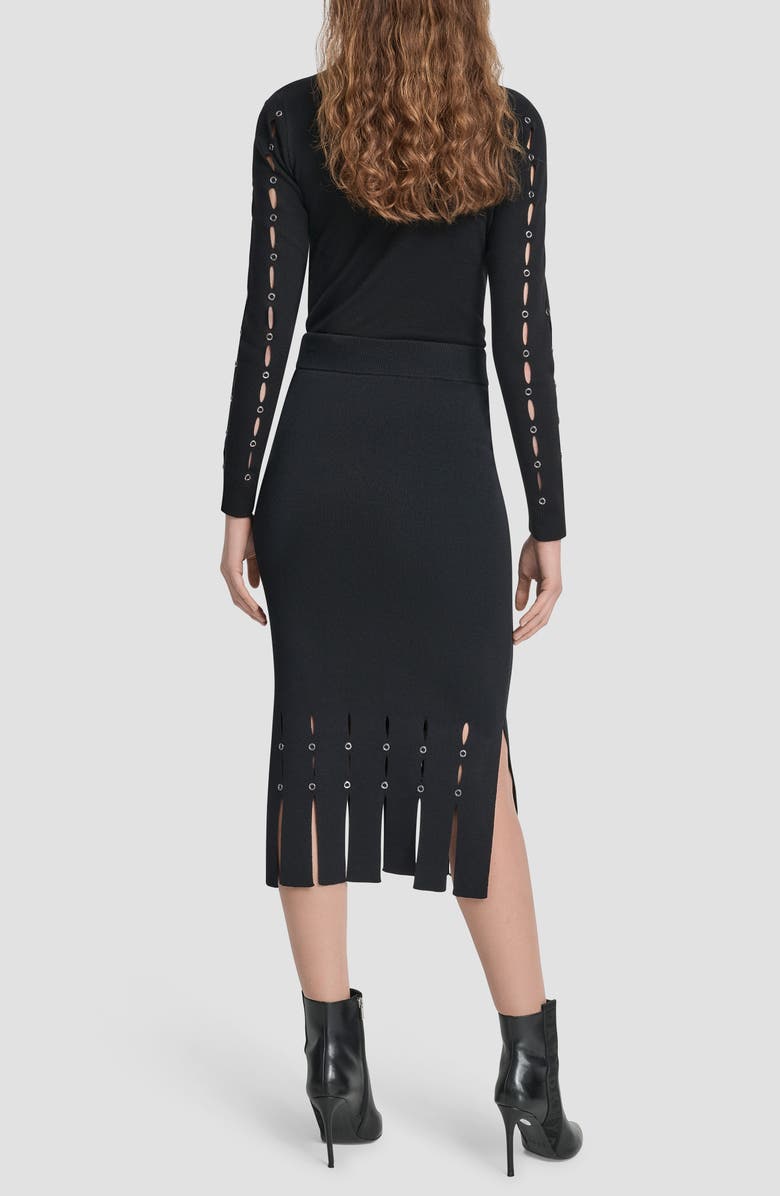 DKNY Grommet Trim Fringe Hem Sweater Midi Skirt, Alternate, color, Black