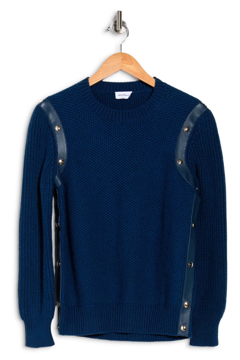 Salvatore Ferragamo Studded Leather Trim Cashmere Blend Sweater, Alternate, color, PETROLE