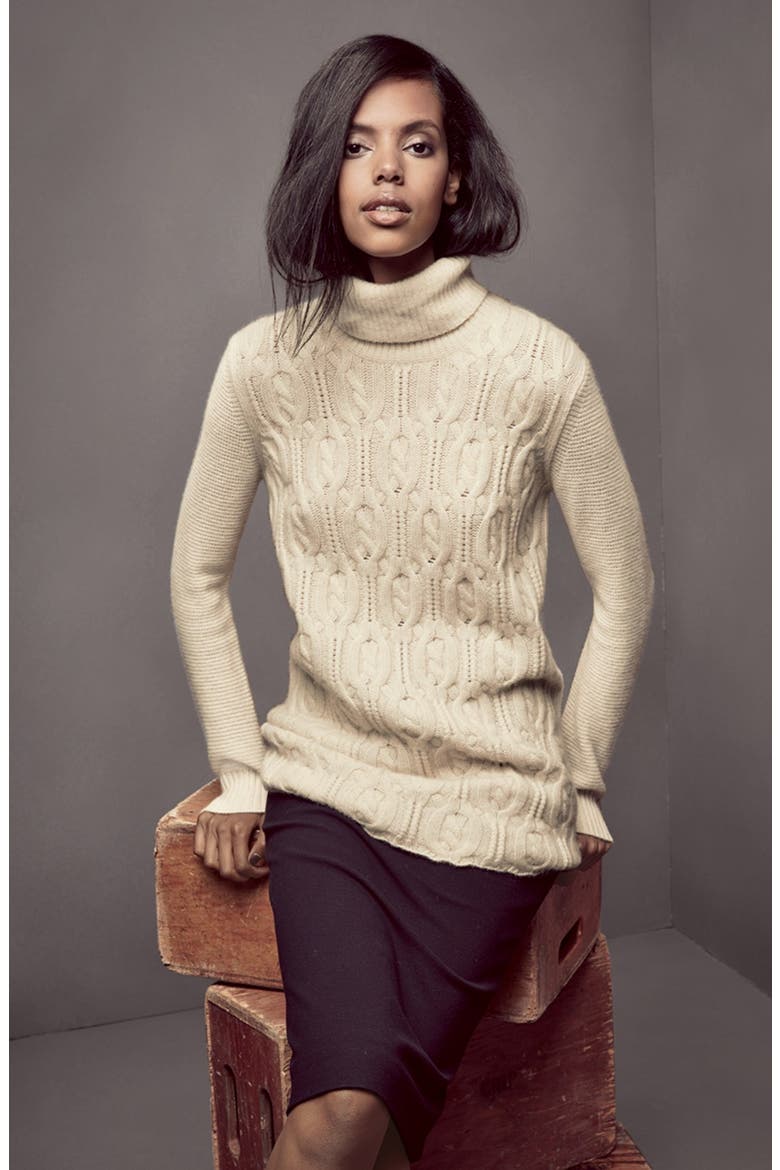 Quinn 'Teresa' Cashmere Cable Knit Turtleneck Tunic, Alternate, color, BLACK