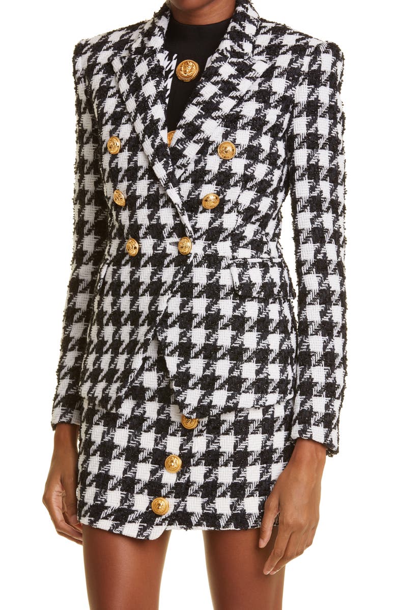 Balmain Houndstooth Tweed Double Breasted Blazer, Alternate, color,