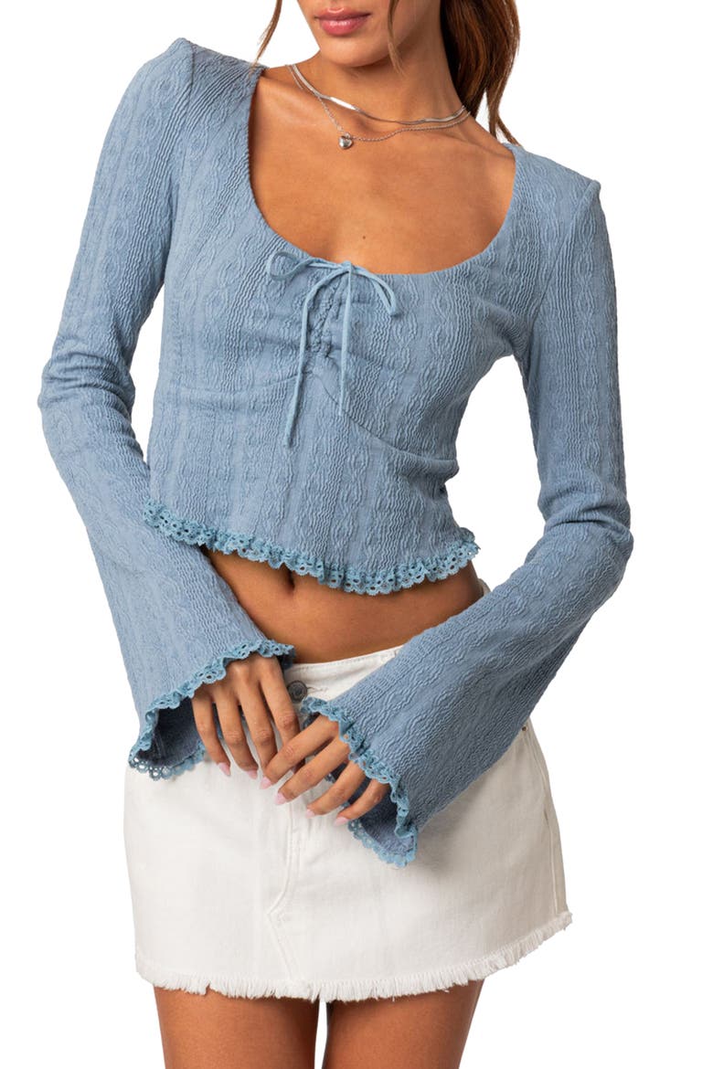 Lacey Ruched Bell Sleeve Stretch Cotton Crop Top, Main, color, BLUE