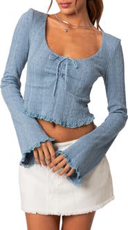 EDIKTED Lacey Ruched Bell Sleeve Stretch Cotton Crop Top