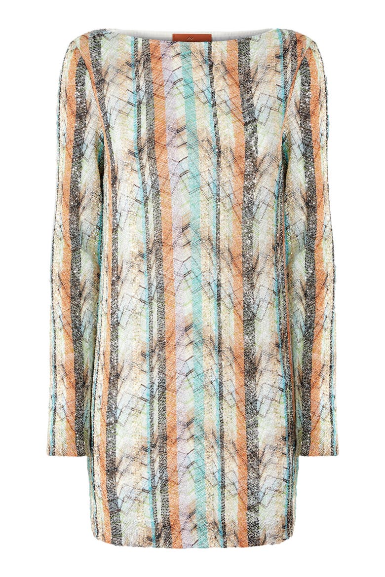 Mini Dress In Viscose Lamé Blend With Multi-technique Knit And Boat Neckline, Alternate, color, Multicoloured