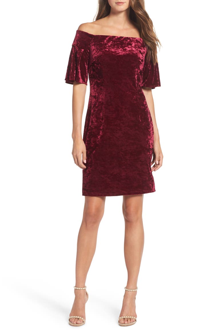 Off the Shoulder Velvet Cocktail Dress, Main, color, WINE