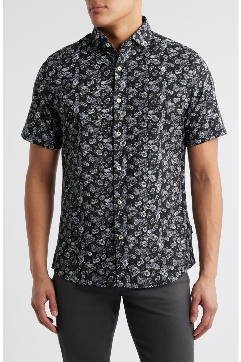 Summer Crush Skulls & Flowers Print Short Sleeve Stretch Cotton Blend Button-Up Shirt, Main, color, BLACK