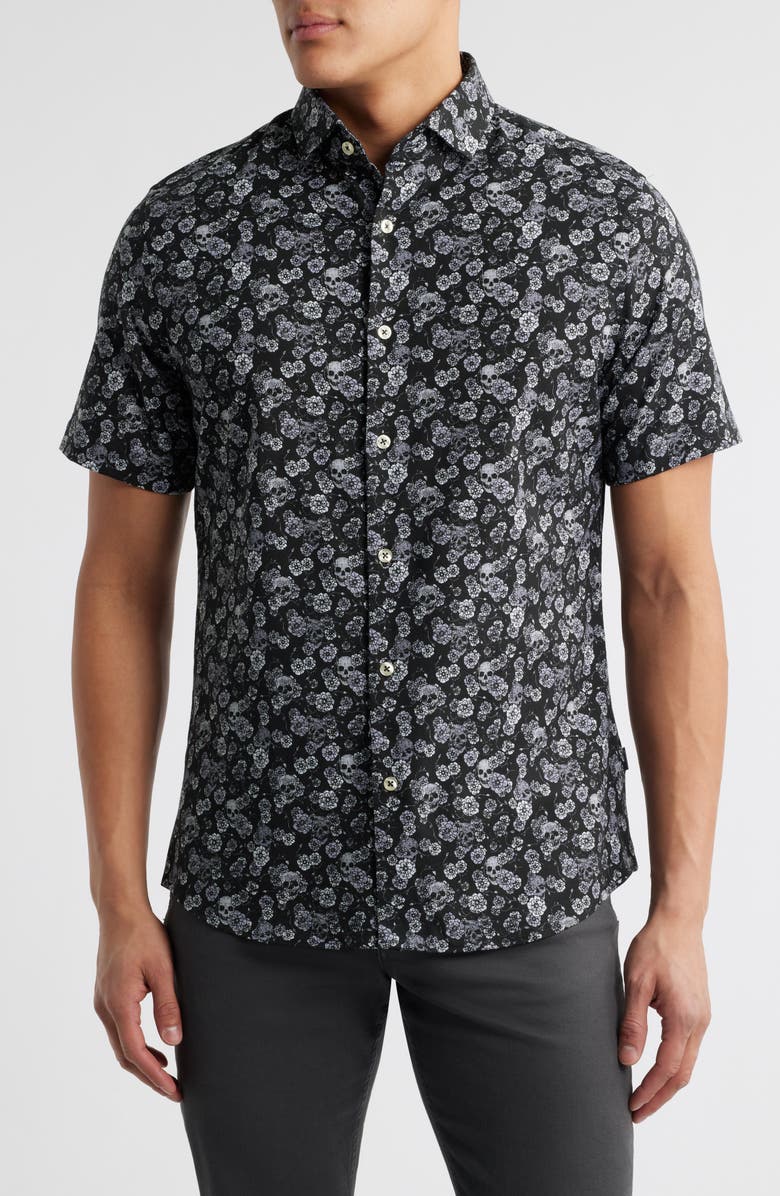 Stone Rose Summer Crush Skulls & Flowers Print Short Sleeve Stretch Cotton Blend Button-Up Shirt, Main, color, 