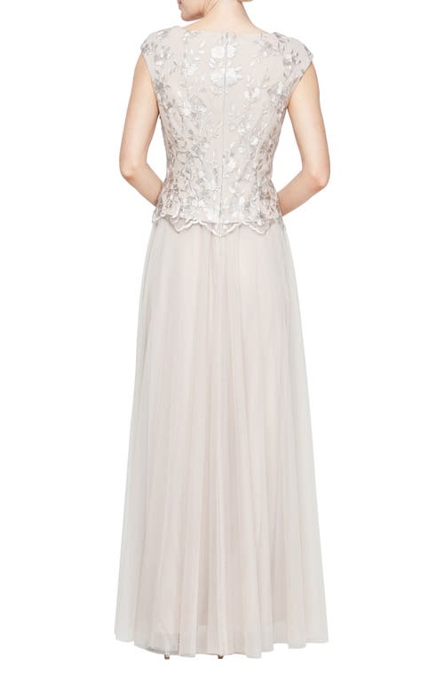 Alex Evenings Embroidered Cap Sleeve Mock Evening Dress In Taupe