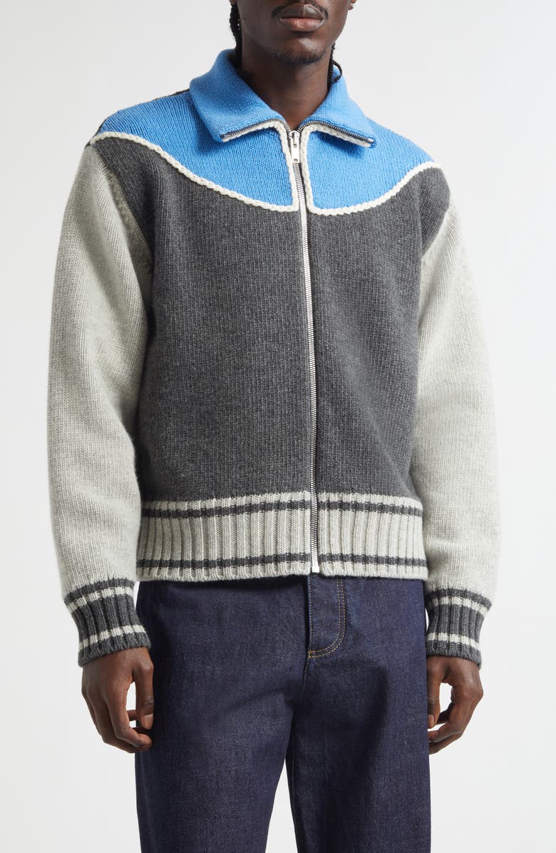 Bottega Veneta Colorblock Virgin Wool Track Jacket, Main, color, 4460 Anthracite/ Admiral