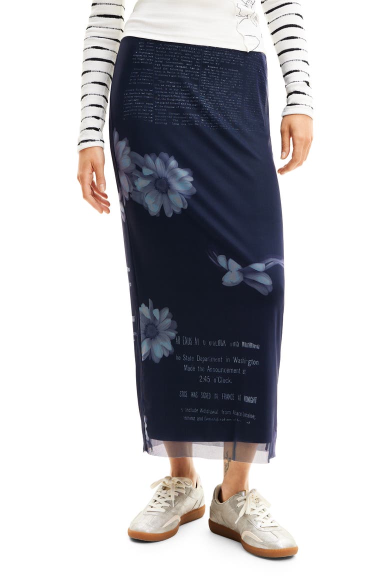 Tulle Newspaper Midi Skirt, Main, color, BLUE