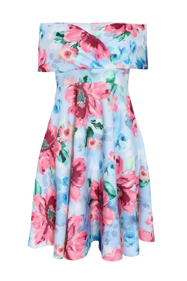 Plus Size Scuba Knit Floral Bardot Skater Midi Dress, Main, color, Blue