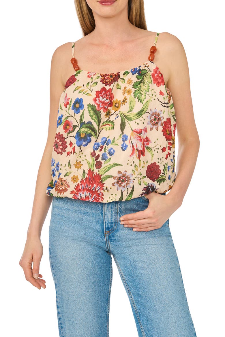 Floral Beaded Bubble Hem Top, Main, color, TAN MULTI