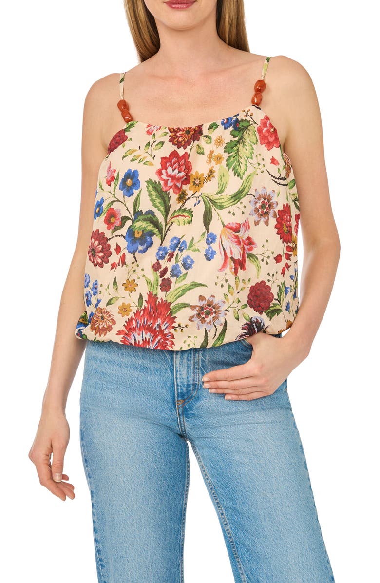 CeCe Floral Beaded Bubble Hem Top, Main, color, Tan Multi