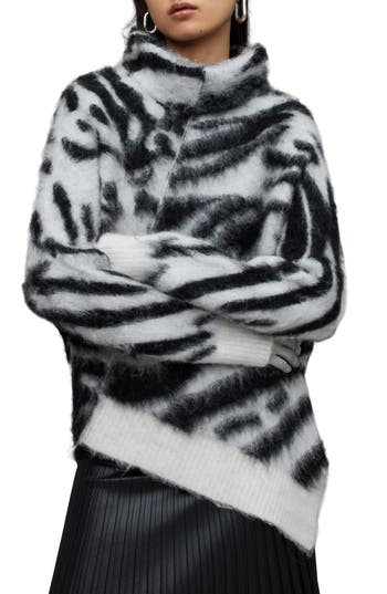 Allsaints Lock Zebra Print Roll Neck Sweater In Chalk White/black