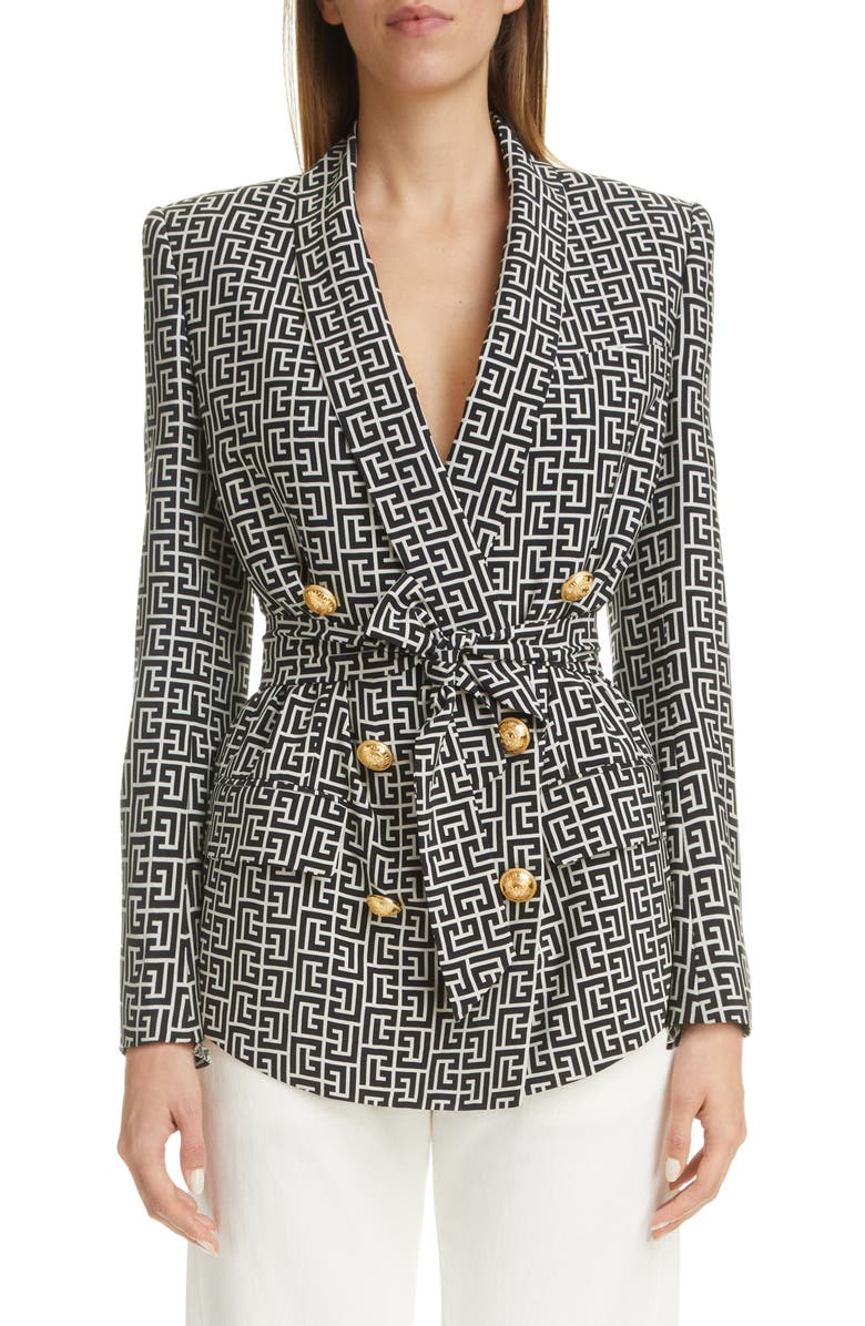 Balmain Monogram Print Double Breasted Cupro Jacket, Main, color, 
