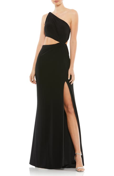 One-Shoulder Jersey Gown with Side Cutouts & Thigh-High Slit
