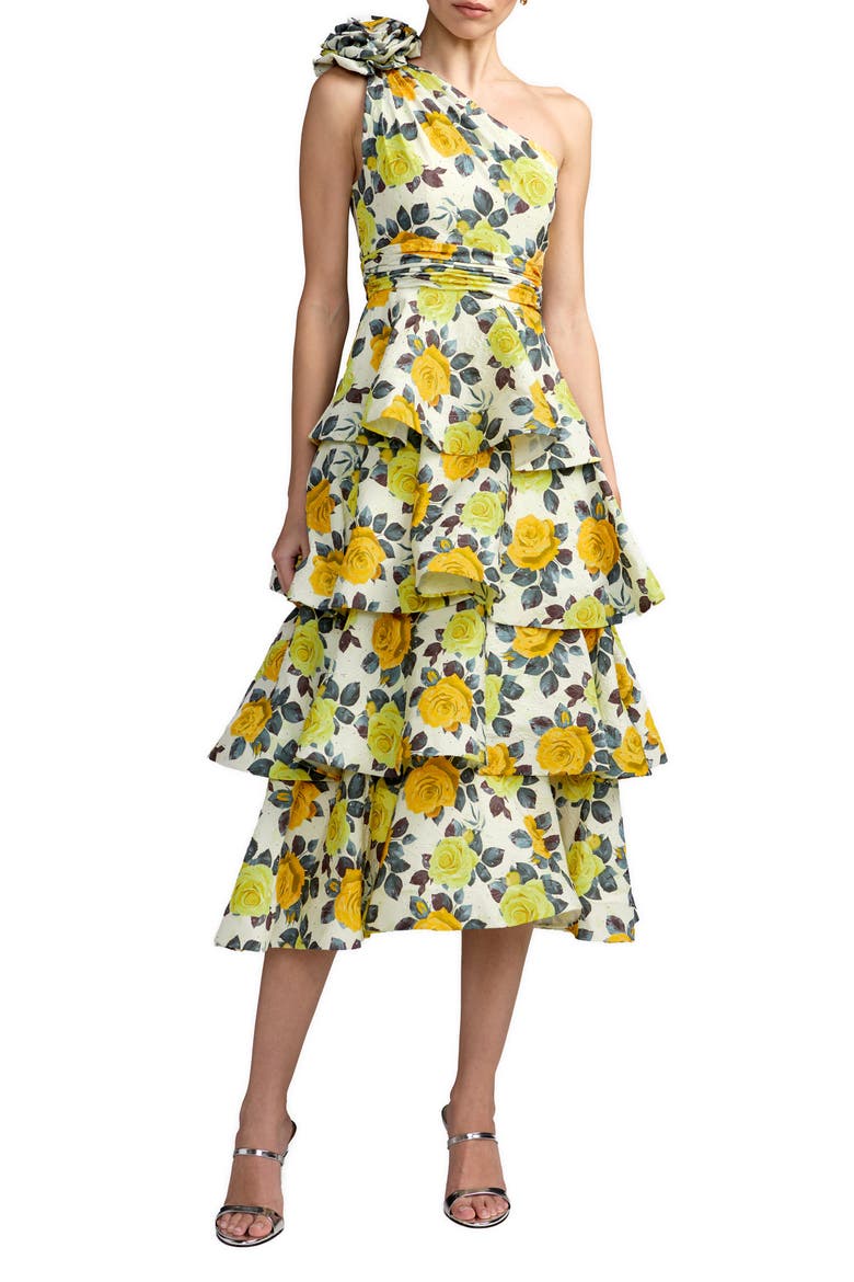 Floral One Shoulder Charmeuse Tiered Midi Dress, Main, color, Yellow rose