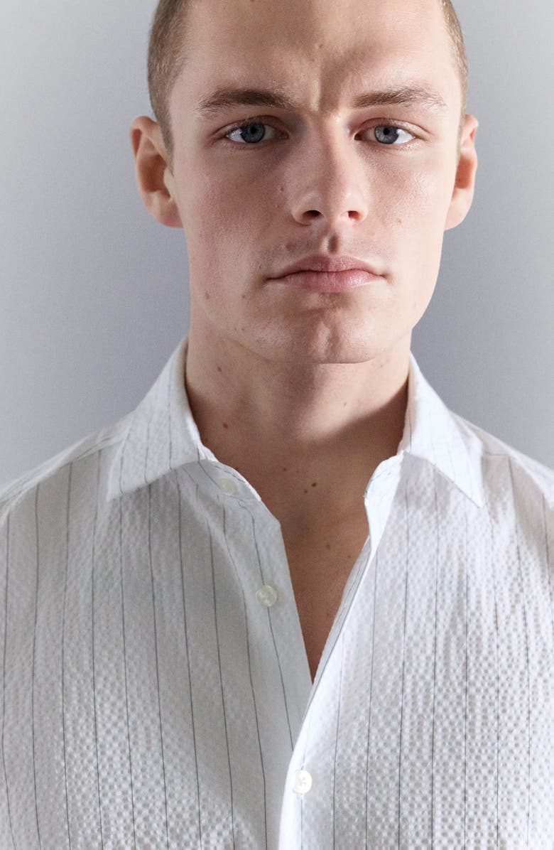 MANGO Textured Pinstripe Button-Up Shirt, Alternate, color, White