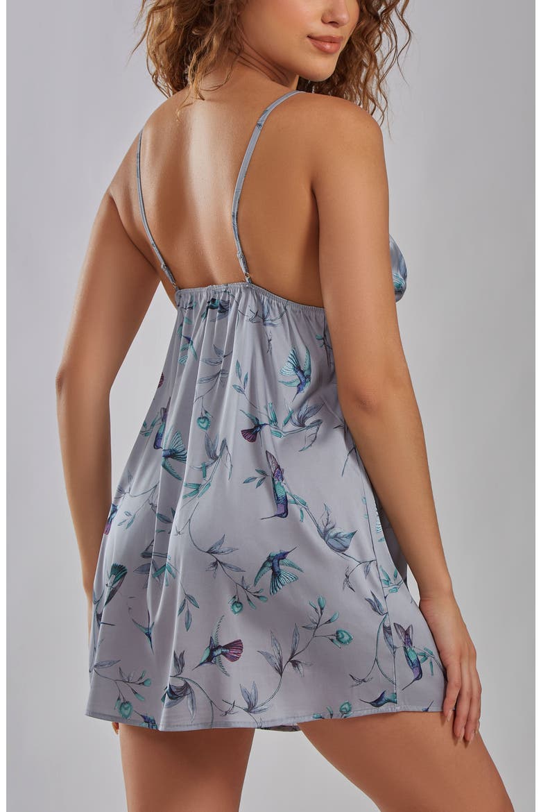 Hummingbird Print Satin Chemise with Laced Trimmed Plunge Neckline, Alternate, color, GRAY
