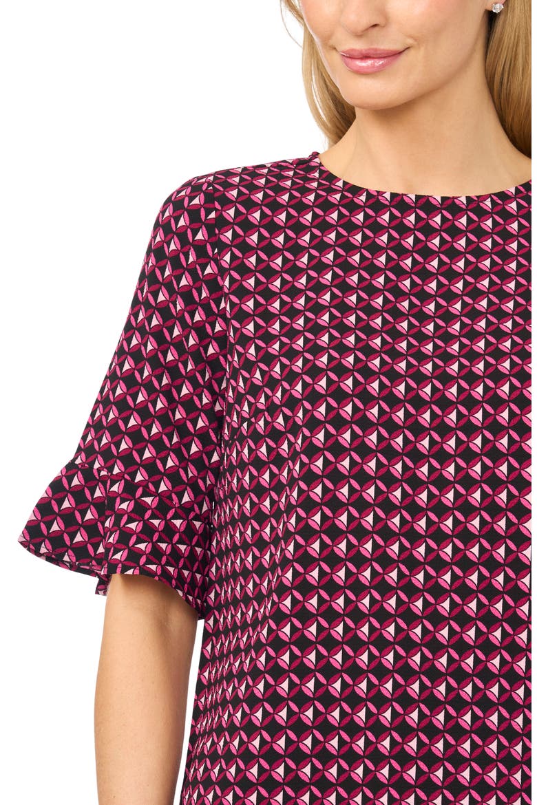 Geo Print Ruffle Cuff Top, Alternate, color, STARLET ROSE