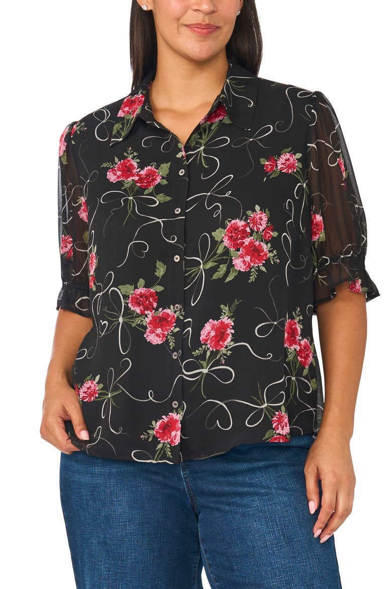 Balloon Sleeve Smocked Cuff Button Front Shirt, Main, color, RICH BLACK