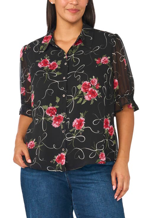 Balloon Sleeve Smocked Cuff Button Front Shirt