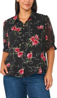 CeCe Balloon Sleeve Smocked Cuff Button Front Shirt