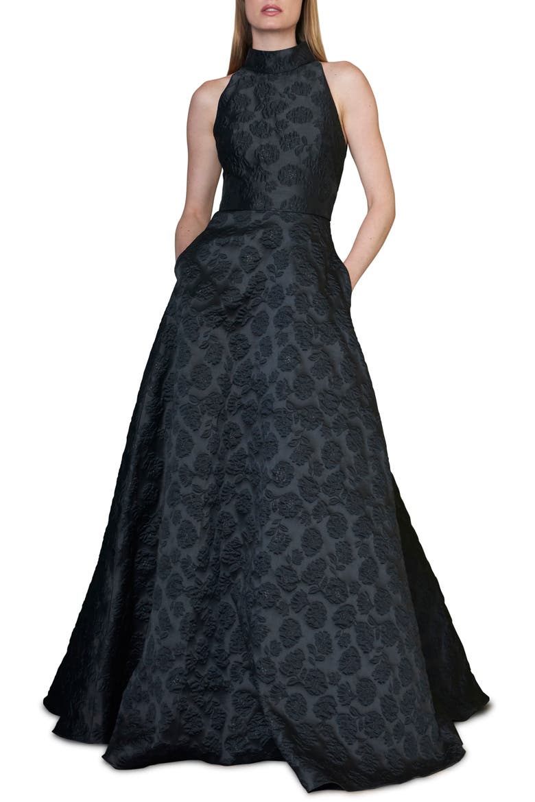 Halter Neck Jacquard Ballgown, Main, color, JET