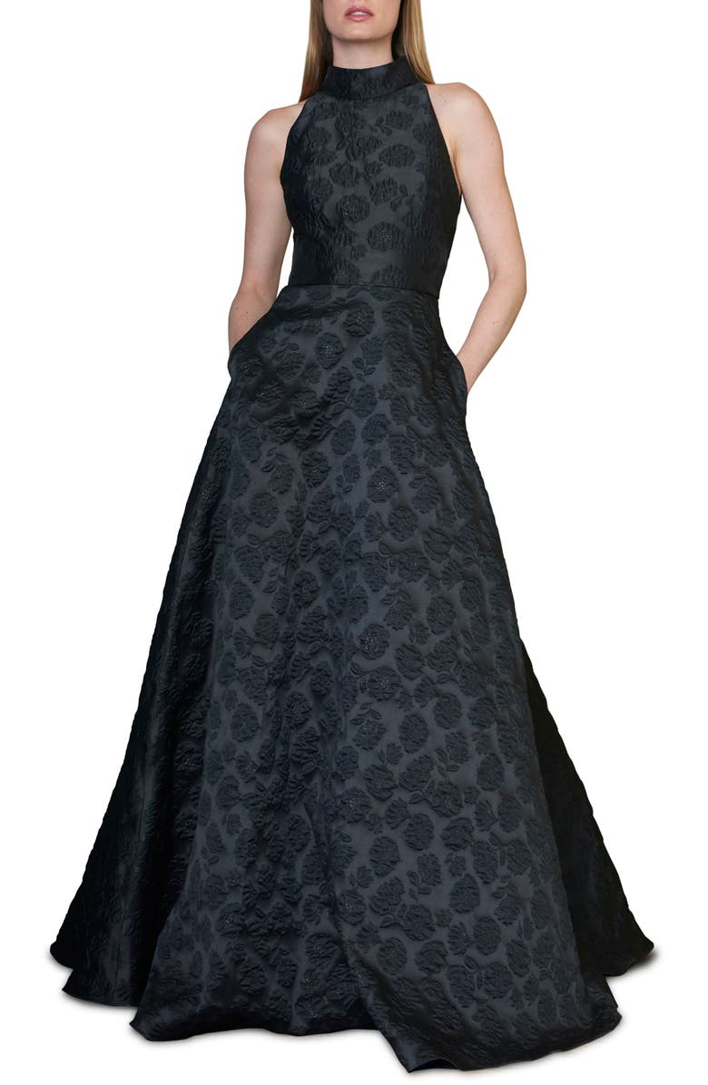 ML Monique Lhuillier Halter Neck Jacquard Ballgown, Main, color,