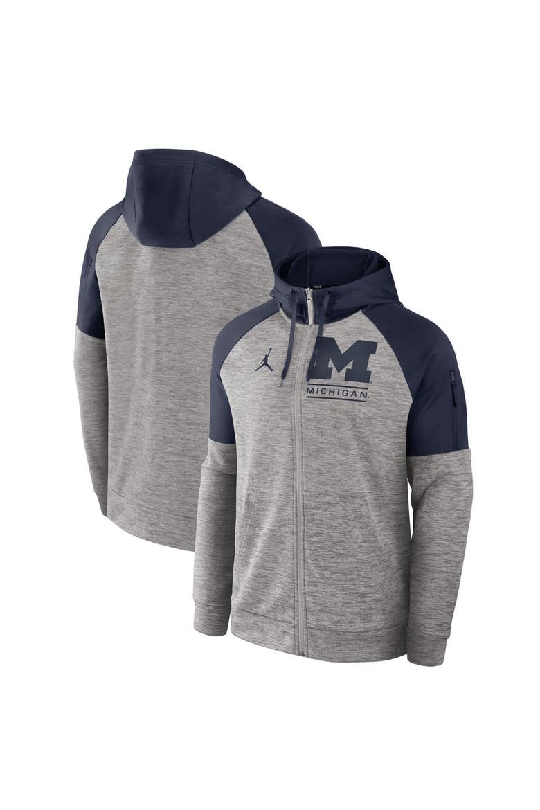 Men's Jordan Brand Heather Gray Michigan Wolverines Fitness Raglan Performance Full-Zip Hoodie, Main, color, Heather Gray