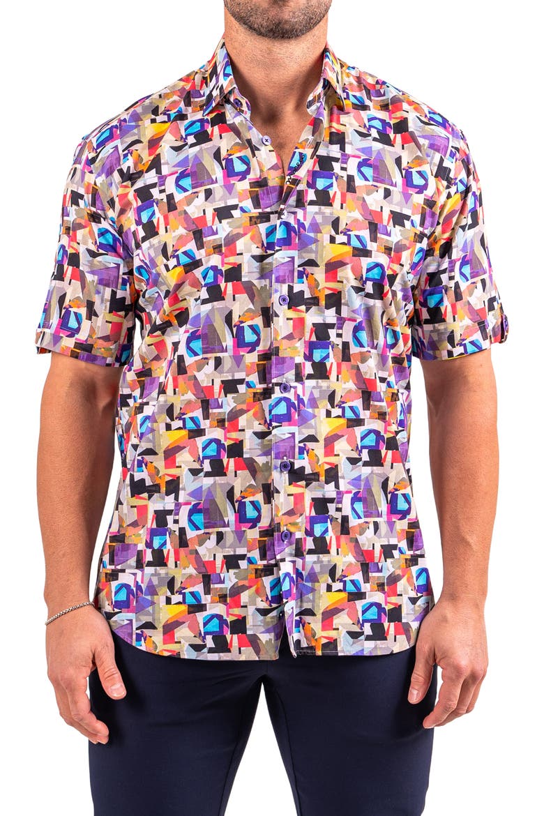 Galileo Resistance Abstract Print Short Sleeve Button-Up Shirt, Main, color, WHITE
