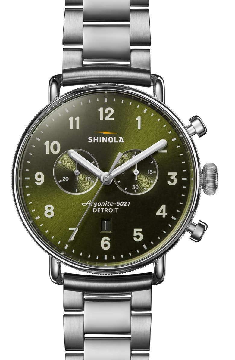 Shinola Canfield Chronograph Bracelet Watch, 43mm, Main, color, Dark Olive